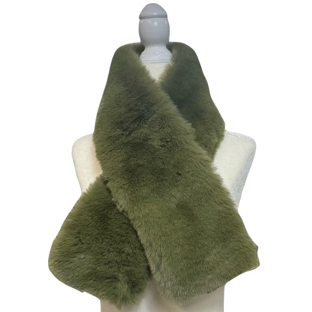 Faux Fur Bling Pull Through Scarf Reversible Wrap Collar Soft Furry -Olive Green